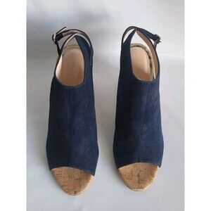 Walin & Wolff Blue Suede Wedge High Heel Peep Toe Platform Slingback Shoe Sz 7.5